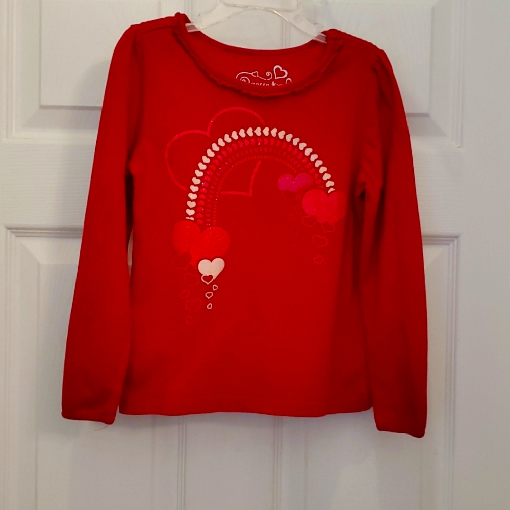 Girls 6x Greendog Red Long Sleeve Ruffled Crewneck with Sparkly Hearts